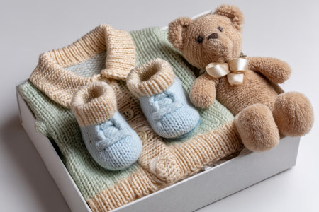 Adorable newborn outfit with boots and teddy bear in gift box perfect pastel nursery accessoriesの写真素材