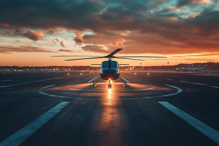 Black helicopter on airport runway at sunset with front lights illuminating the sceneの写真素材