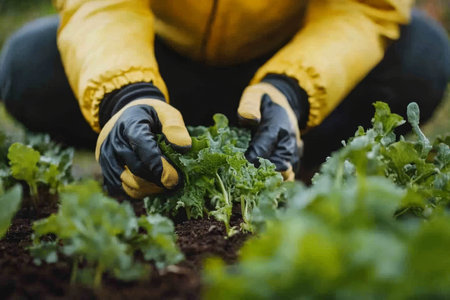 Close up of a gardener in yellow jacket planting vegetables in a vibrant garden settingの写真素材