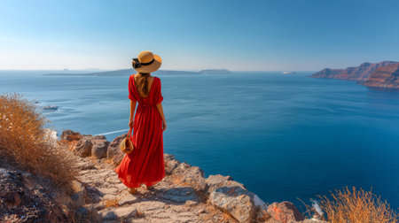 Stunning woman in red dress and straw hat admiring the sea view from a cliff in santoriniの写真素材