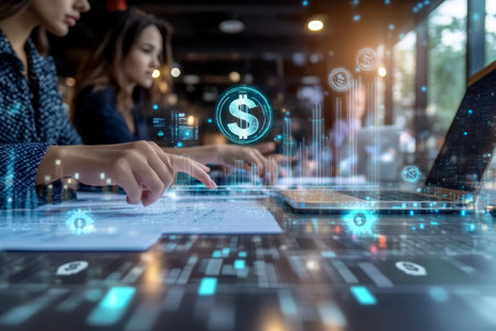 Business team analyzing financial data with graphs and charts in modern conference room setting