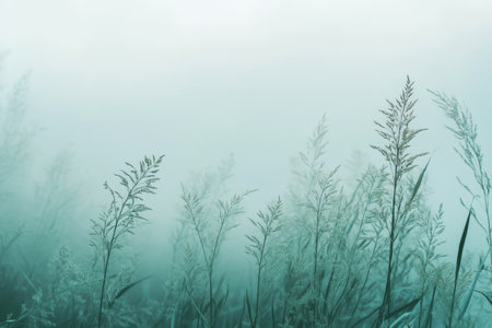 Abstract grasses with a misty background in soft mint green tones for a serene atmosphereの写真素材