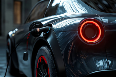 Close up view of an electric vehicle charging against a dark gray backdrop in stunning photorealismの写真素材