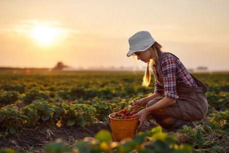 Young female farmer collecting ripe strawberries at sunset with bucket on a sunny summer dayのeditorial素材