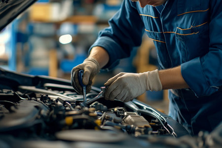 Close up of a mechanic in blue uniform repairing car engine in a service center workshopの写真素材