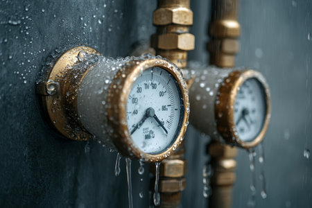 Detailed close up of water pipes and gas meters with water droplets and brass nichesの写真素材
