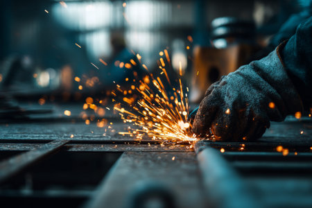 Close up of welding sparks in an industrial workshop with professional color grading and sharp focus