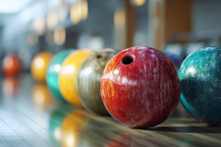 Vibrant bowling balls center stage in an indoor alley with blurred pins and track backgroundの写真素材