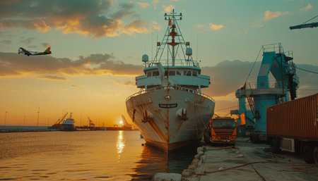 Cargo ship and container truck at sunset with flying plane for logistics wallpaper design