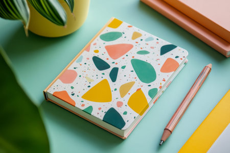 Vibrant pastel terrazzo notebook mockup featuring abstract shapes and soft background aerial view