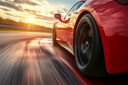 Dynamic close up of a red sports car racing at sunset with motion blur and cinematic lightingの写真素材