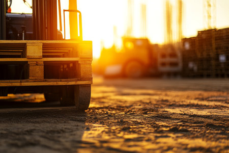 Close up of a forklift and pallet at a construction site during golden hour on a sunny dayの写真素材