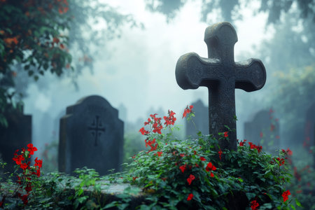 Misty graveyard scene with weathered tombstones, large cross, and vibrant red flowers in greenery