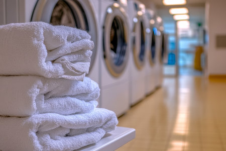 Aesthetic white laundry scene featuring stacked towels and industrial washing machines in backgroundの写真素材