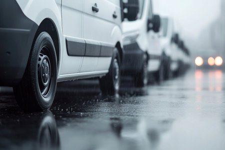 Rows of white delivery vans in the rain close up of wheels on asphalt with blurred backgroundの写真素材