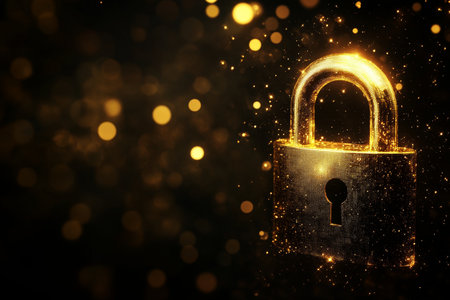 Glowing 3d golden padlock icon on black background a digital security concept with bokeh effectの写真素材