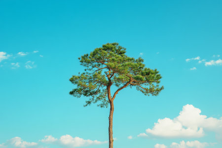 Single pine tree silhouette against a bright blue sky with vibrant green tones in photographyの写真素材