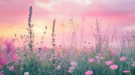 Abstract watercolor landscape featuring spring green plants and flowers against a soft pink skyの写真素材