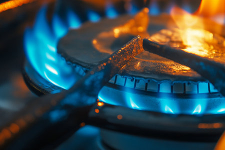 Macro shot of a vibrant gas flame on a kitchen stove showing blue and orange huesの写真素材