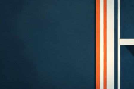 Modern minimalist navy blue background with orange and white stripes and abstract geometric designの写真素材