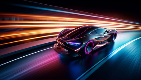 Vibrant light trails of fast cars on a curved highway at night with neon urban aesthetic