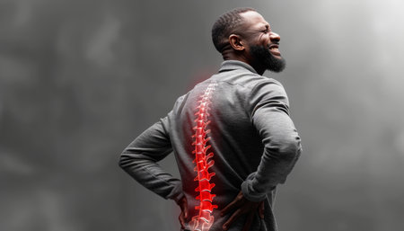 Realistic image of a person with back pain featuring a glowing red spine on a white backdropの写真素材