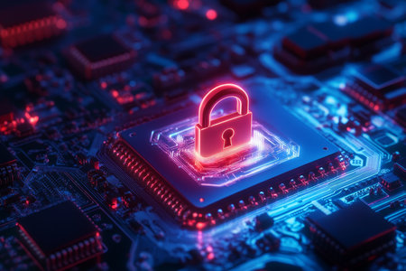 3d digital padlock icon on circuit board with glowing lights cyber security for smart home techの写真素材