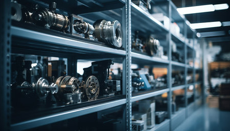 Industrial laboratory shelving various mechanical components with soft lighting and blurred backdropの写真素材