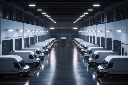 Modern commercial logistics vans and trucks aligned in a brightly lit industrial warehouse sceneの写真素材