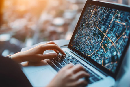 Professional using digital mapping software for satellite imagery in urban planning close up viewの写真素材