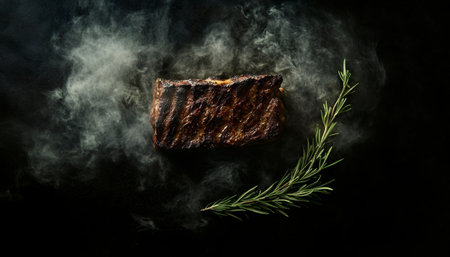 Grilled meat on a black background with herbs and smoke top view food photography shotの写真素材