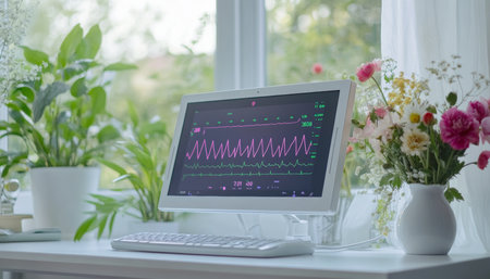 Elegant medical workspace with heart rate monitor and garden view surrounded by fresh flowersの写真素材