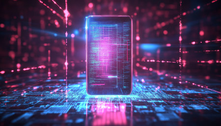 Futuristic mobile phone with holographic screen and digital graphics for app development conceptの写真素材