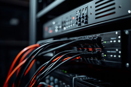 Close up of black computer cables linked to audio interface and monitor in dimly lit room