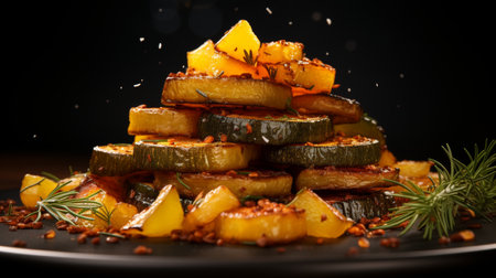 Artistic food photography of roasted potatoes, carrots, and zucchini on white plateの写真素材