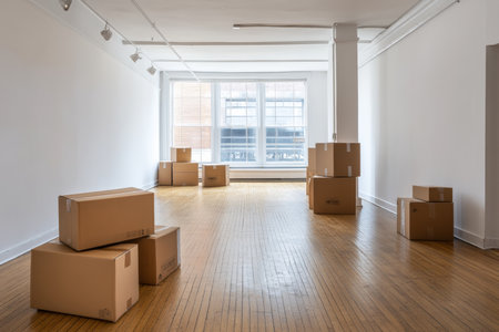 Spacious room with wooden floor and natural lightの写真素材