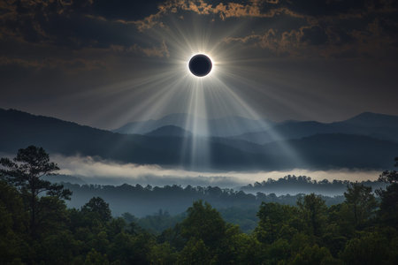 Stunning total solar eclipse over north carolina moon covers sun with misty mountains in view