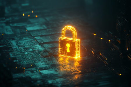 3d render of a glowing padlock icon on dark cyber background symbolizing security and protection