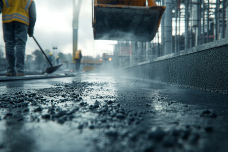 Worker smooths fresh cement at construction site as crane delivers concrete with rising steamの写真素材