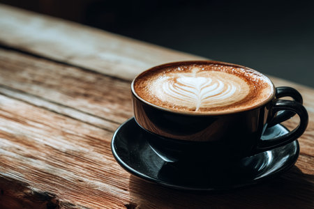 Close up of latte art in black cup on rustic wood table with warm lighting and copy spaceの写真素材