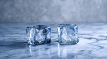 Minimalist 3d rendering of ice cubes on marble table against blue background with studio lightingの写真素材
