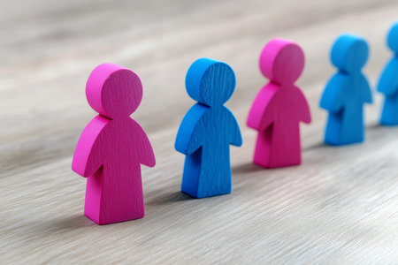 A pink female figure distinctively stands out among blue male figures on light wooden surfaceの写真素材