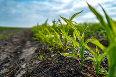 Close up of young corn sprouts in field with blurred background and green grassland horizonの写真素材