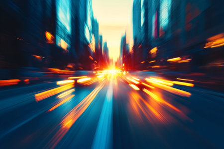 Dynamic urban scene blurred city street at sunset with motion and bokeh effects in blue and orange