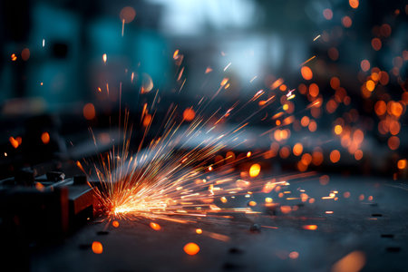 Dynamic welding sparks glimmering in an industrial workshop with artistic bokeh background