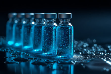 Close up macro shot of medical vials containing blue liquid on a dark background with 3d effectの写真素材