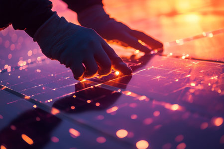 Hands in gloves installing photovoltaic solar panels at sunset electrician s close up work on wiresの写真素材
