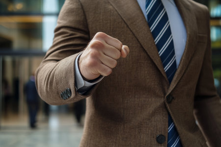 Close up of businessman in brown suit displaying fist gesture against blurred office backgroundの写真素材