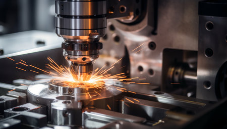 Close up of metal machining on a lathe, capturing sparks and industrial equipment actionの写真素材