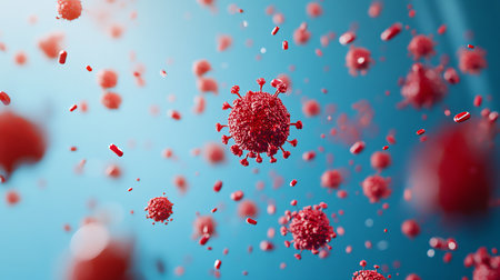 3d visualization of blue backdrop featuring diverse red coronavirus particles in various sizesの写真素材